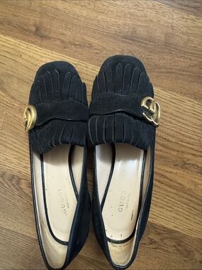 Gucci Black Suede Kiltie Loafers with Gold GG Bit